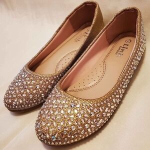 Girl's 2 Link Comfort Gold w/ Rhinestones Ballet Flat